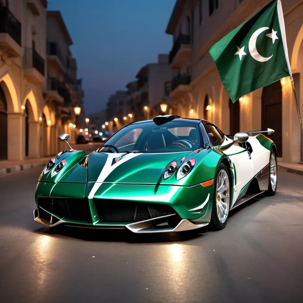 Prompt: pagani huayra covered with Pakistani flag