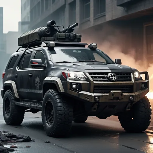 Prompt: A car with with defence mechanism missile mechanism with world best arTillery weapon install in the car with bulletproof Tyres shield protect car bullet proof screen SUV compact for zombie apocalypse