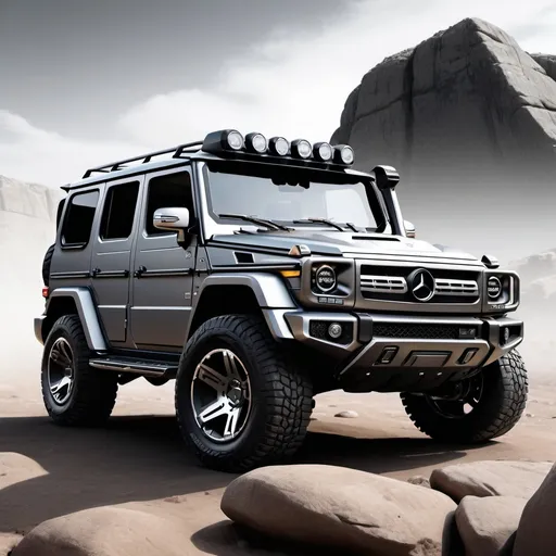 Prompt: Land cruiser + hummer+ jeep Wrangler+ Gwagon Mercedes 
All together as 1 car