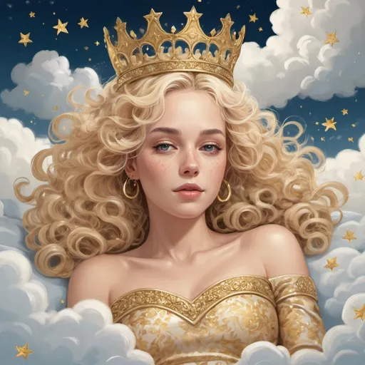 Prompt: A digital illustration of a blonde woman dressed in white and gold, lying on a cloud. She has long curly hair and is wearing a gold crown. Her gold dress has golden patterns and a golden belt. The background is a blue sky with white clouds. Gold stars and sparkles are scattered throughout the image.