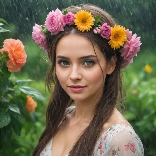 Prompt: A beautiful woman with flowers in her hair stands in a garden with flowers and rain.