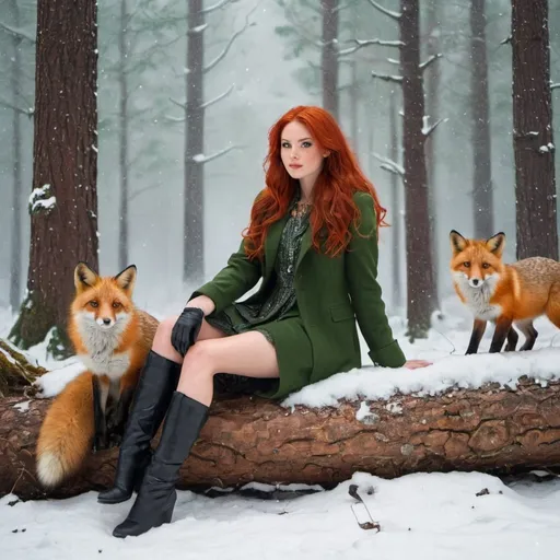 Prompt: The image depicts a beautiful woman with red hair and green clothes, sitting on a fallen tree trunk in a forest. She has two foxes by her side. The background features large trees and falling snow.