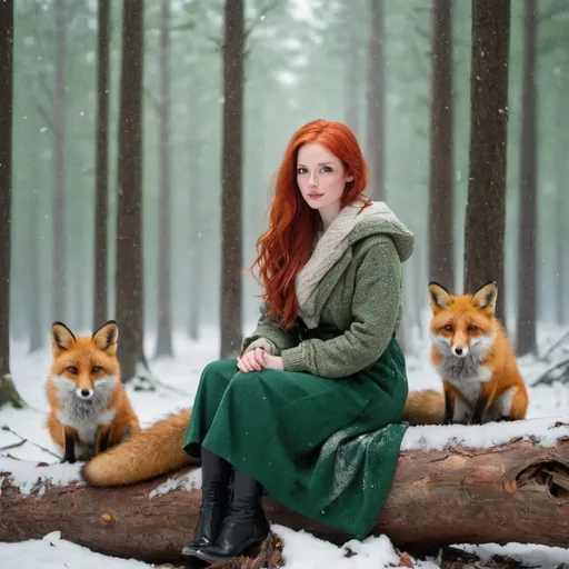 Prompt: The image depicts a beautiful woman with red hair and green clothes, sitting on a fallen tree trunk in a forest. She has two foxes by her side. The background features large trees and falling snow.