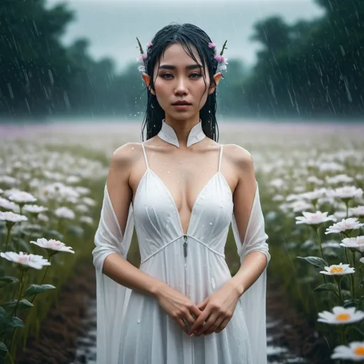 Prompt: An Asian female elf wearing a long white dress stands in the rain amidst a field of flowers.In fantasy cyberpunk style