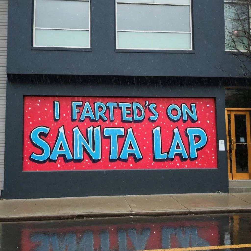 Prompt: side of a building with fancy colorful text "I farted on Santa's lap",dark, gloomy,raining