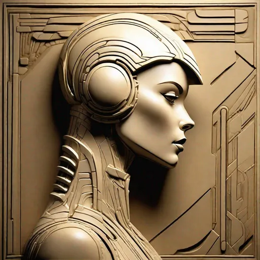 Prompt: "bas relief" of an female robot in profile in the style of art deco with a solid background as imagined by Frank Frazetta