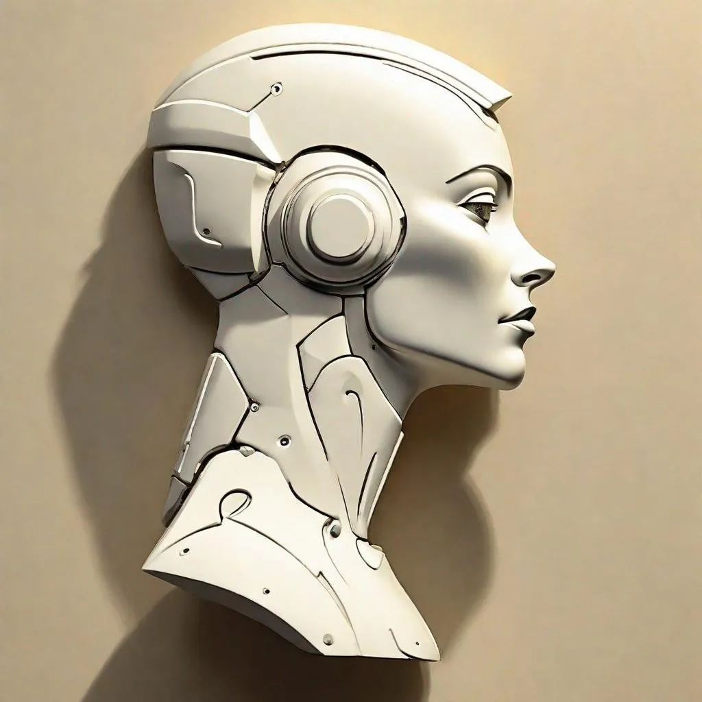 Prompt: a bas relief of a sleek female robot head in profile against a flat blank background in the style of the artist Frank Frazetta