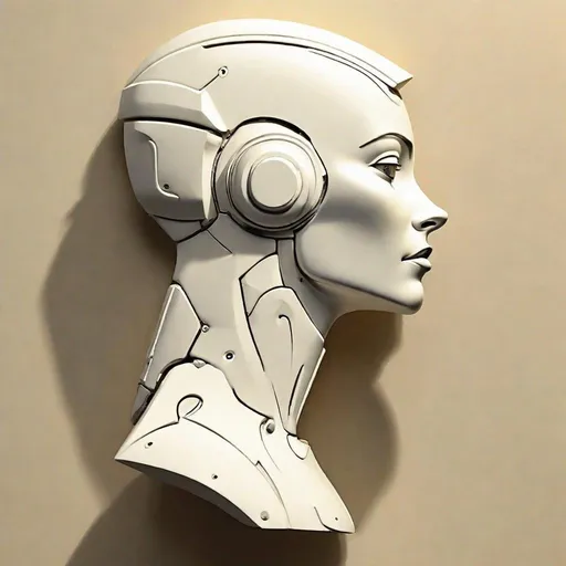 Prompt: a bas relief of a sleek female robot head in profile against a flat blank background in the style of the artist Frank Frazetta