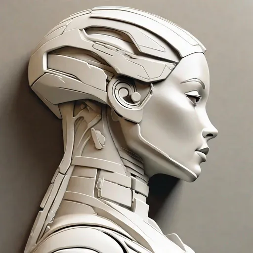 Prompt: A bas relief.
the head of a sleek female robot in profile.
No shadows.
Flat background with no detail.
The style will be similar to the art of Frank Frazetta