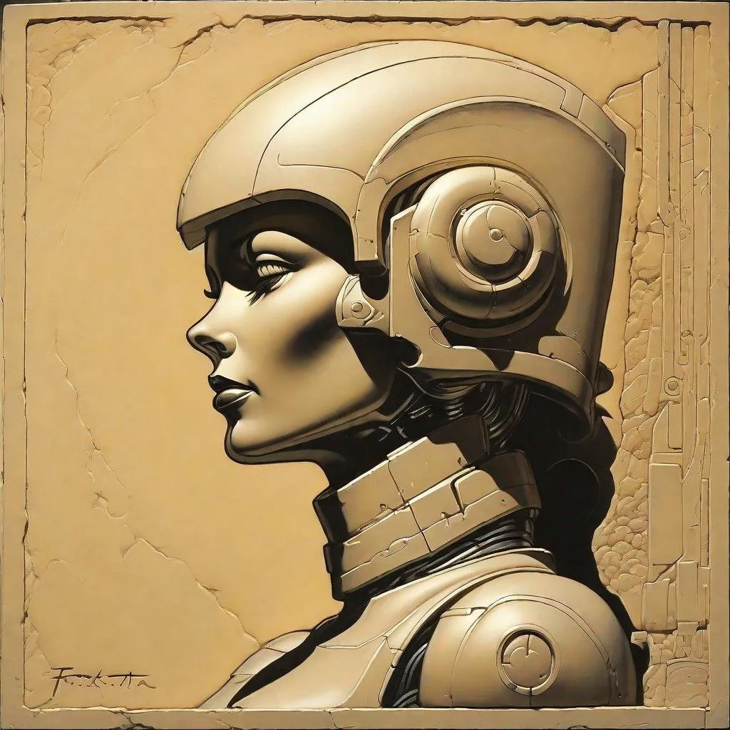 Prompt: "bas relief" of an female robot in profile with a solid background as imagined by Frank Frazetta