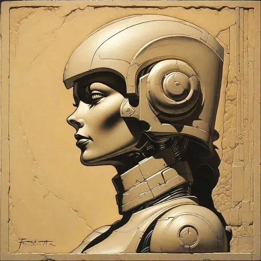 Prompt: "bas relief" of an female robot in profile with a solid background as imagined by Frank Frazetta