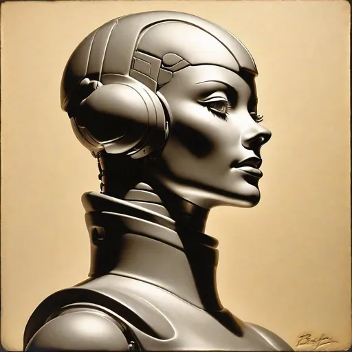 Prompt: a front lit studio portrait "bas relief" of an female robot in profile, head held high, with a flat featureless background as imagined by Frank Frazetta