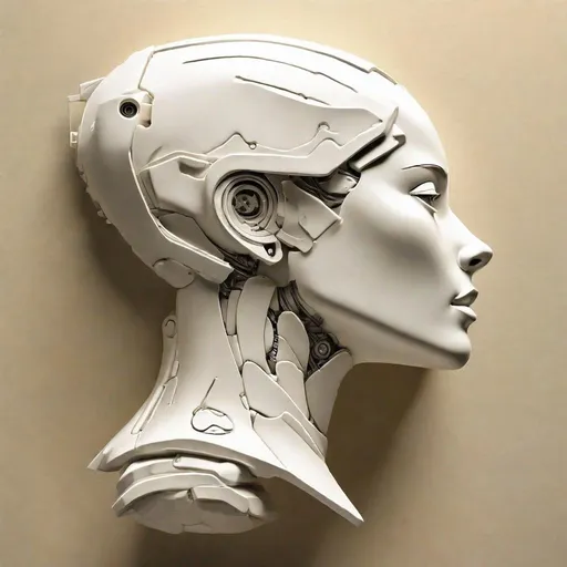 Prompt: a bas relief of a sleek female robot head in profile against a flat blank background in the style of the artist Frank Frazetta