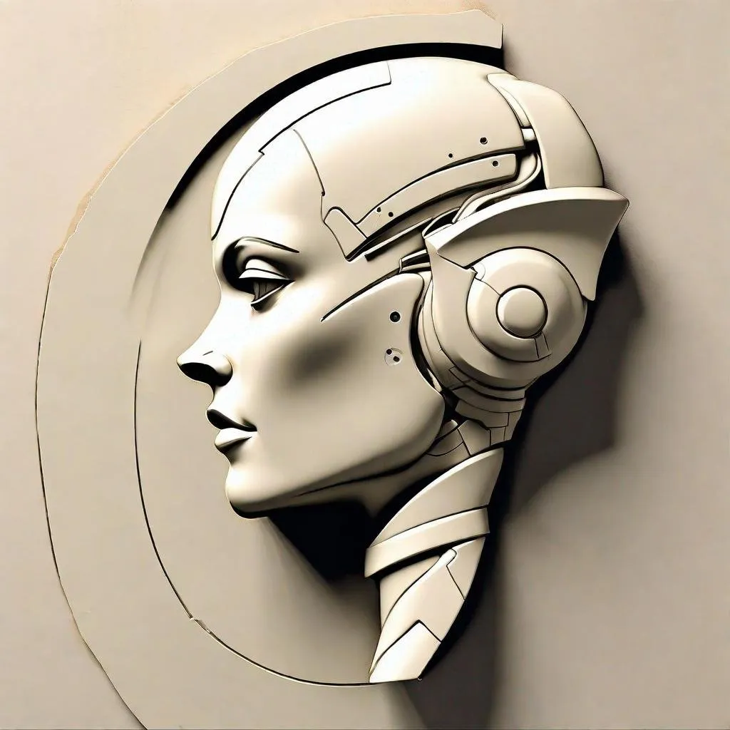 Prompt: a bas relief of a sleek female robot head in profile against a flat blank background in the style of the artist Frank Frazetta