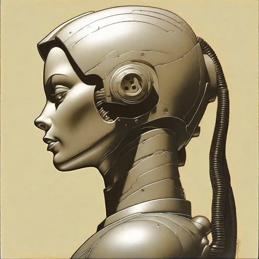 Prompt: a "bas relief" of a female robot in profile, head held high, with no external cables, well lit, with no shadows, against a flat featureless background as imagined by Frank Frazetta