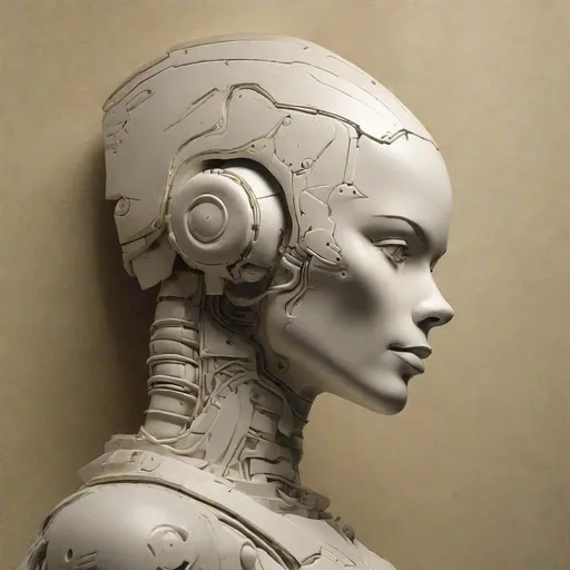 Prompt: a front lit studio portrait "bas relief" of an female robot in profile, head held high, with a flat featureless background as imagined by Frank Frazetta