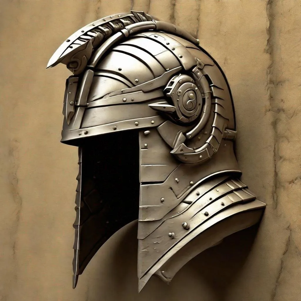 Prompt: "bas relief" of a gladiator helmet in profile in the style of the robot from Metropolis with a solid background as imagined by Frank Frazetta