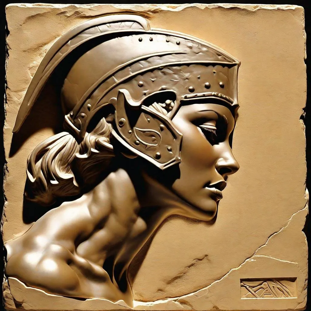 Prompt: A "bas relief" of an female gladiator in profile against a solid background as imagined by Frank Frazetta on a sunny day