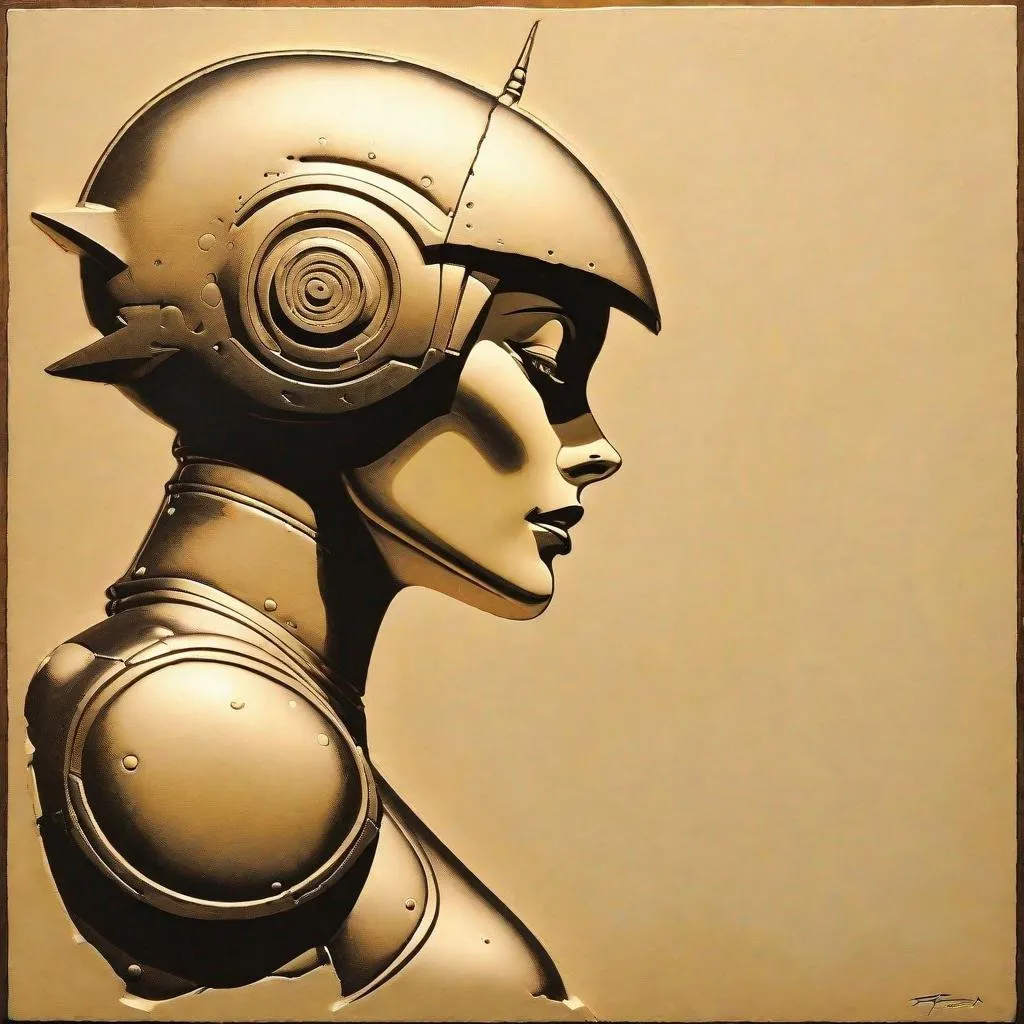 Prompt: "bas relief" of an female robot in profile with a solid background lit from the front as imagined by Frank Frazetta