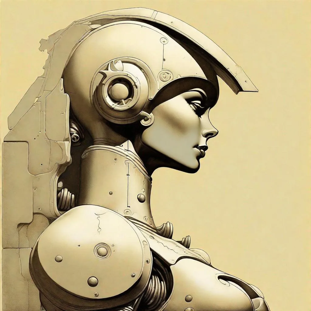 Prompt: "bas relief" of an female robot in profile with a solid background as imagined by Frank Frazetta