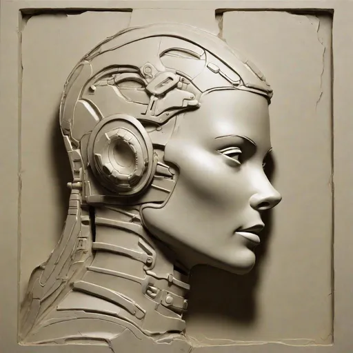 Prompt: a front lit studio portrait "bas relief" of an female robot in profile, head held high, with a flat featureless background as imagined by Frank Frazetta