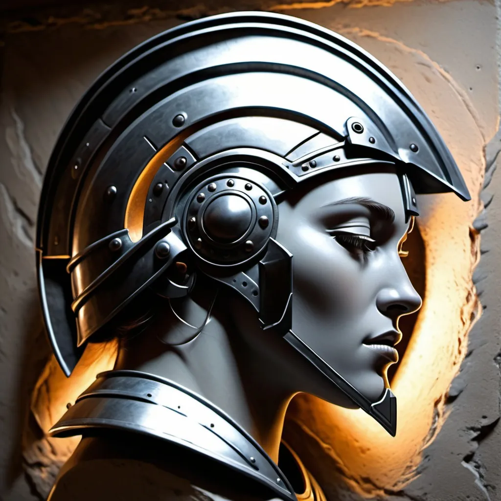 Prompt: "bas relief" of a female gladiator helmet in profile in the style of the robot from Metropolis