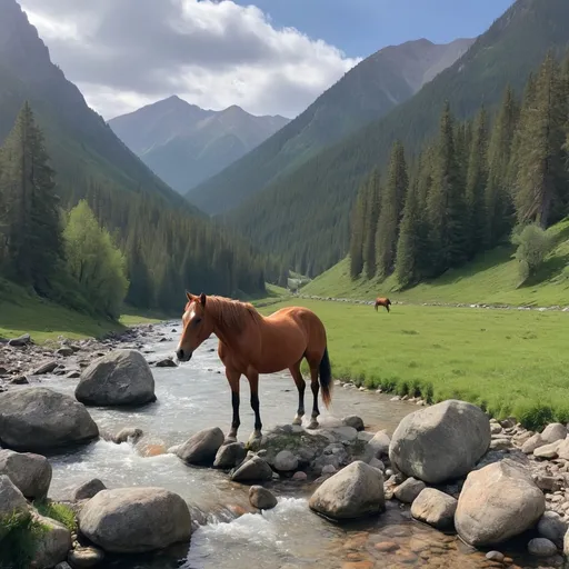 Prompt: A lone horse in the mountains by a river