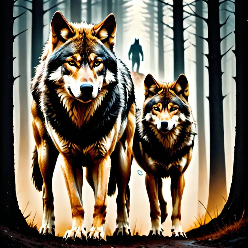 Prompt: A stunning movie poster named  Way of the Wolf, with a dark brown wolf and a cream colored wolf as the main focus, then a wolf pack in the distance.