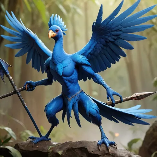 Prompt: A blue arakocra bird with wings  with a spear in battle