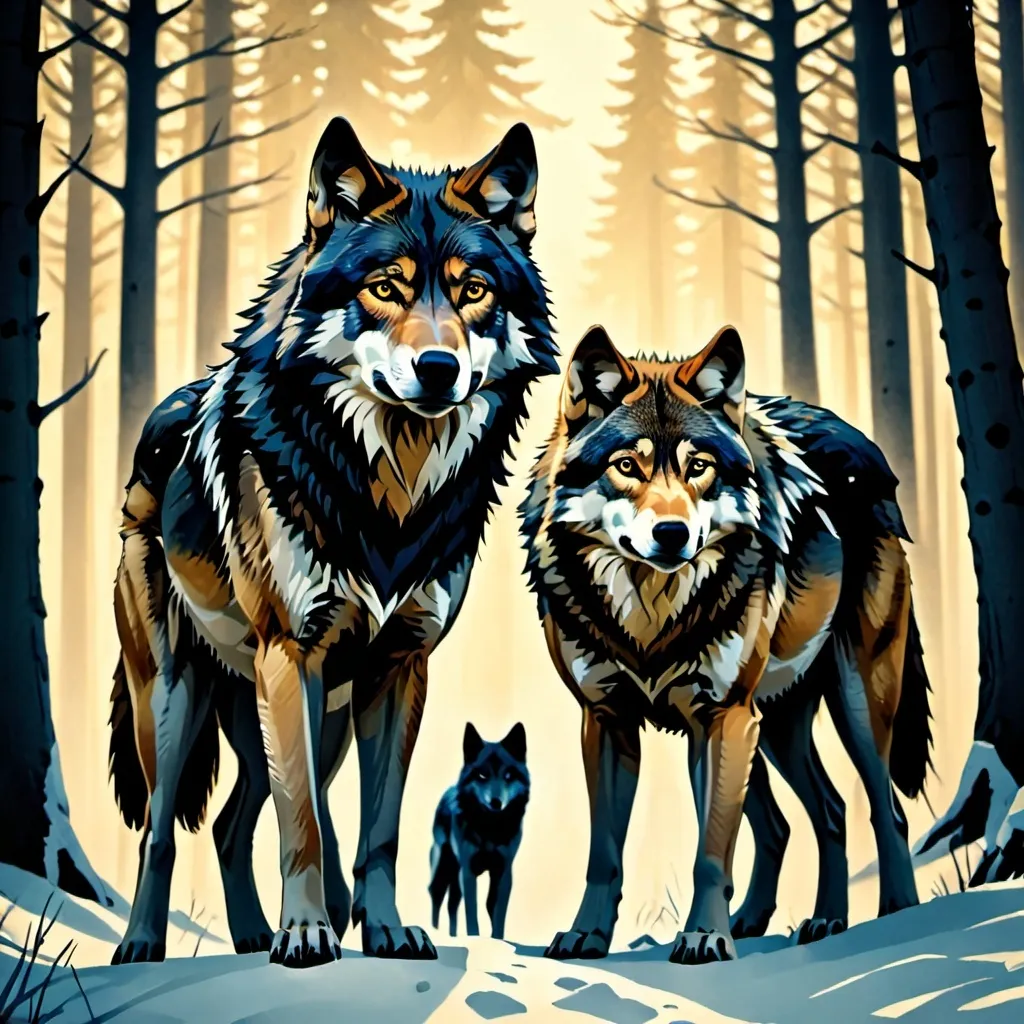 Prompt: A stunning movie poster named  Way of the Wolf, with a dark brown wolf and a cream colored wolf as the main focus, then a wolf pack in the distance.