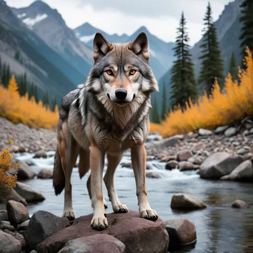 Prompt: A lone wolf in the mountains by a river