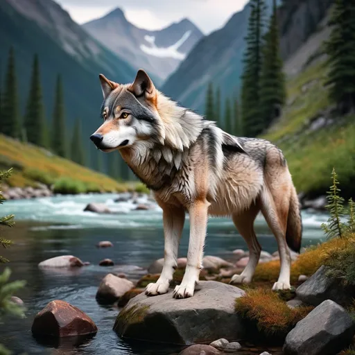 Prompt: A lone wolf in the mountains by a river