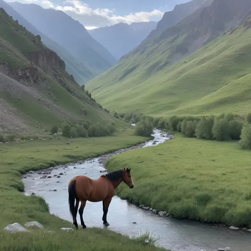 Prompt: A lone horse in the mountains by a river