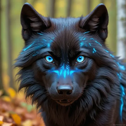 Prompt:  dark black wolf with bright blue eyes