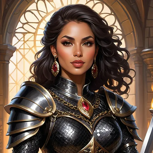 Prompt: dungeons and dragons fantasy art human latina baroness, wearing fine shimmering black chainmail armor
