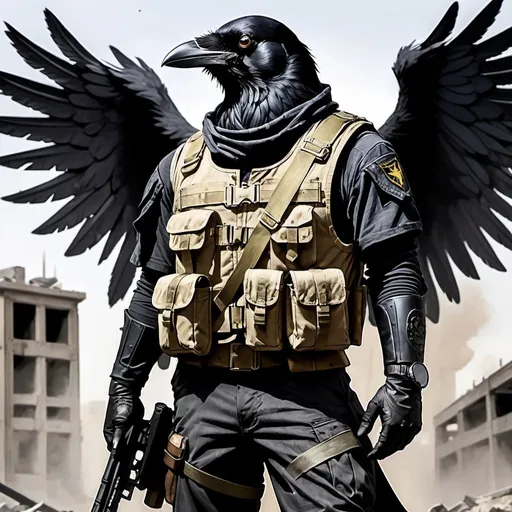 Prompt: a raven standing, 6'1" tall, outspread wings, bullet proof vest, army pants, yellow eyes. carries a sniper rifle with a scope, on belt a holstered sidearm, 2d comic, dark, gritty, post apocalypse