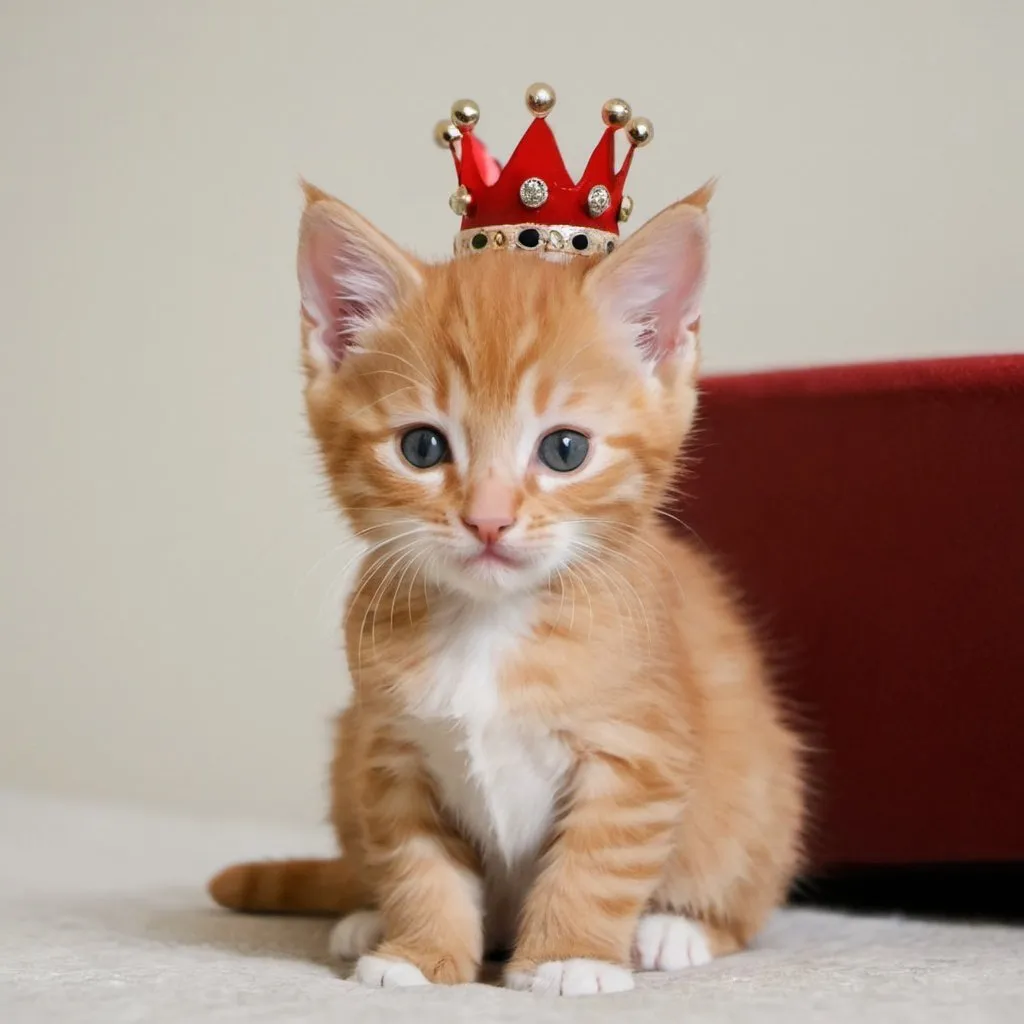 Prompt: Little ginger kitten, named "Mochi", with red crown