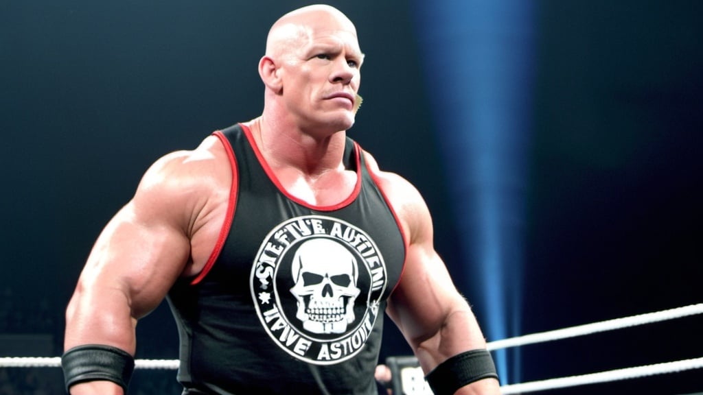 Prompt: John cena wearing stone cold Steve Austin's in ring attire