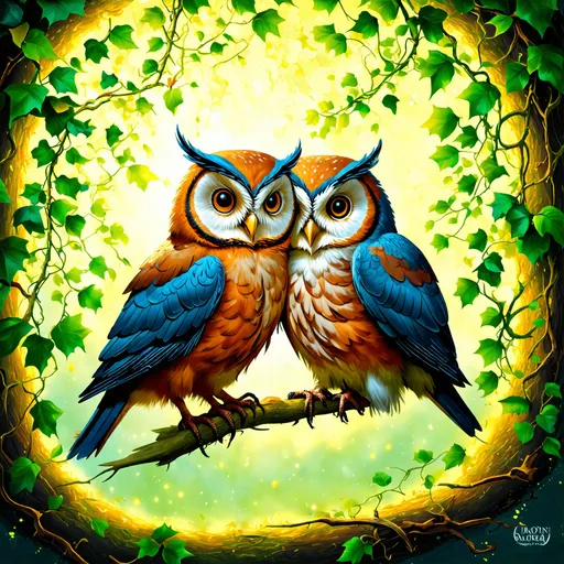 Prompt: (Freya vines owls), intricate design of mystical owls entwined within lush vines, detailed feather textures and expressive eyes, enchanting atmosphere, soft warm lighting creating an ethereal glow, lush greenery filling the background, harmony in nature, ultra-detailed illustration, vibrant colors encapsulating the magic of the scene, embodying a whimsical and enchanting spirit.