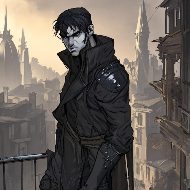 Prompt: In his 20s Male thief wearing leathers crouched on a perched balcony in a dark derelict ally way for the spire RPG