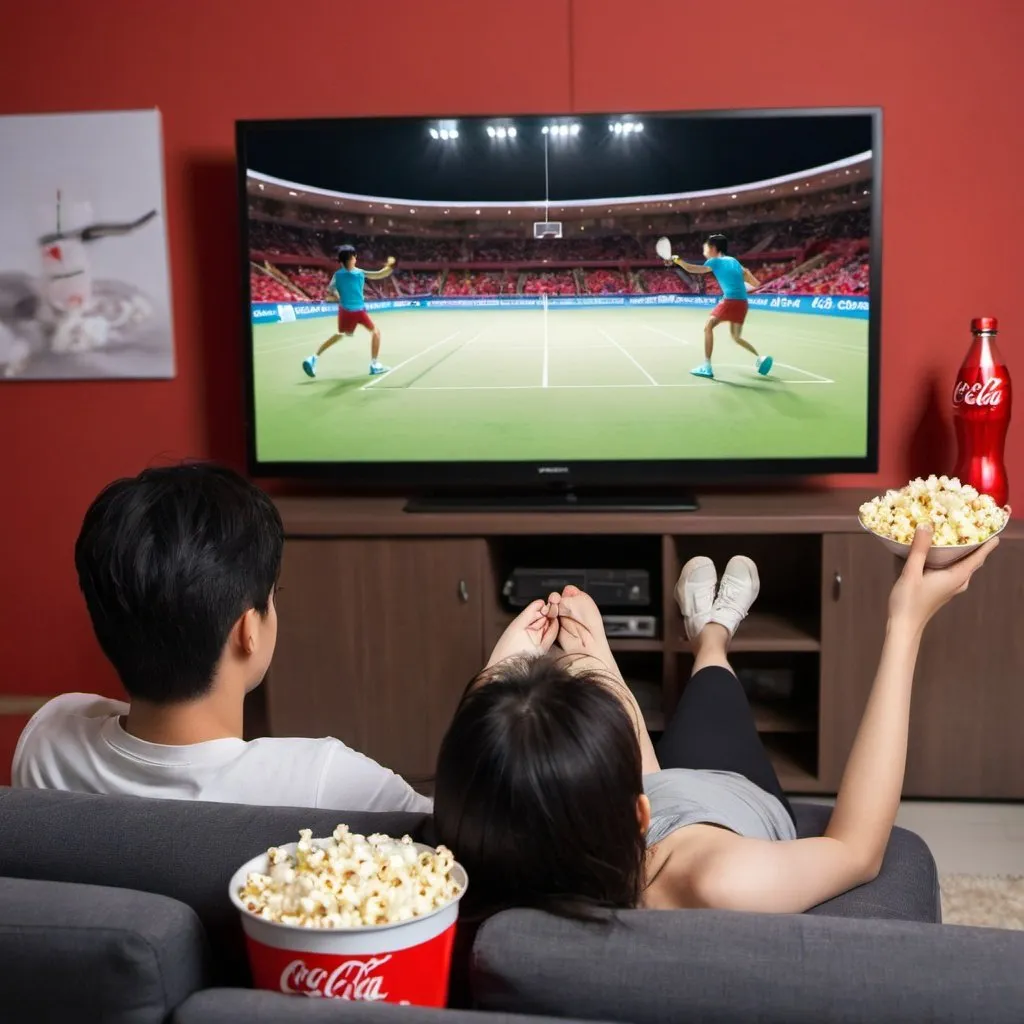 Prompt: A person is lying on the sofa, watching the badminton match on TV with popcorn and Coke.