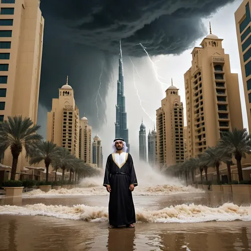 Prompt: 
To create a detailed prompt based on the image you provided, here's an example:

Create a digital artwork depicting a dramatic scene where Dubai is experiencing severe flooding and a storm. The Burj Khalifa, the tallest building in the scene, is surrounded by dark storm clouds, lightning, and heavy rain. The streets of Dubai are shown to be flooded with high waves crashing against the buildings. In the foreground, there is a man wearing traditional Middle Eastern attire, including a white kandura and a black agal. His expression is serious and concerned, reflecting the gravity of the situation. The text at the top reads "DUBAI KYUN DOOBA?" with the words "KYUN DOOBA?" highlighted in bright yellow, contrasting against the dark stormy background. The overall atmosphere is tense and apocalyptic.