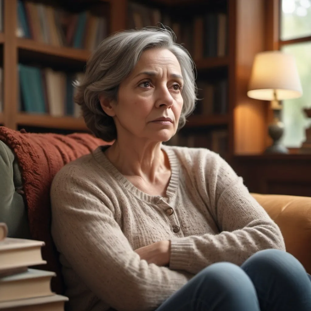 Prompt: matured lady, looking tired, sitting on a couch, thinking deeply