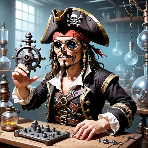 Prompt: creat a pirate inventor whith tecnological bot in your lab