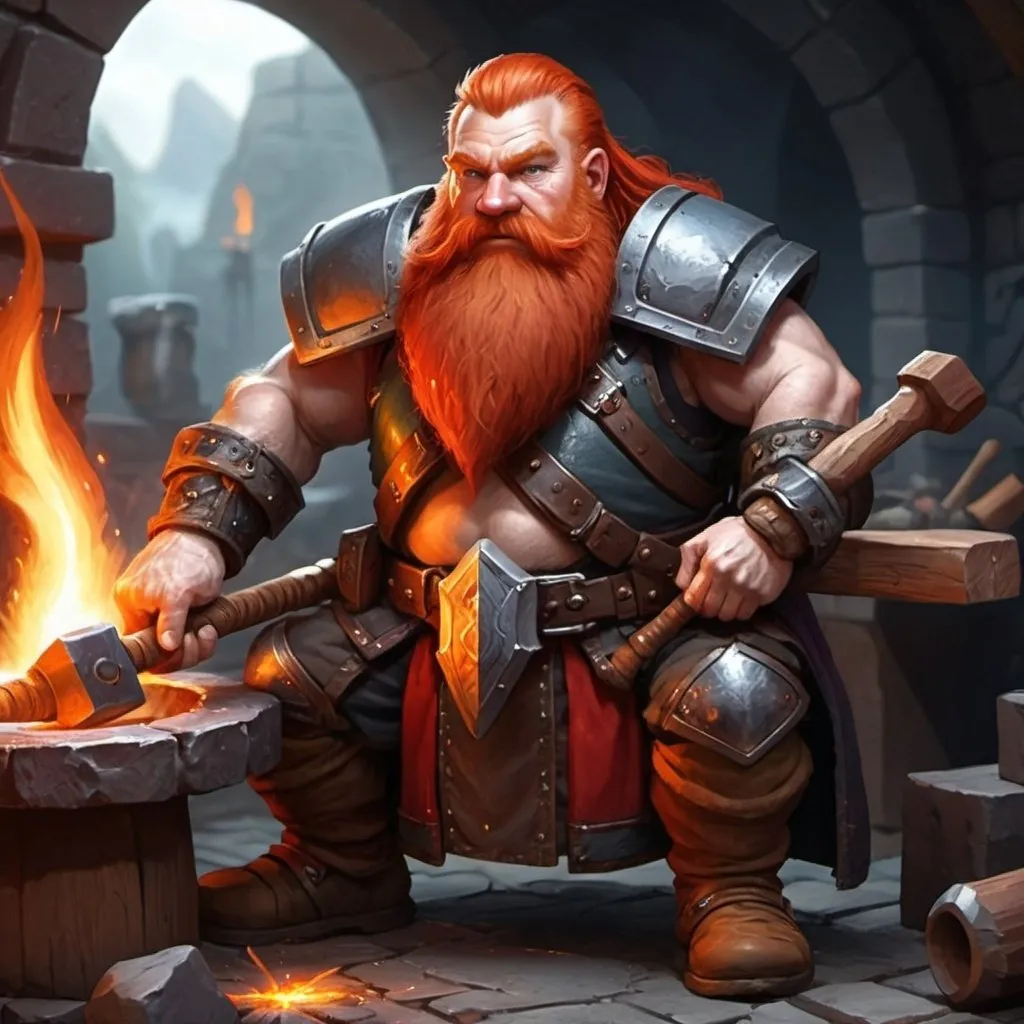 Prompt: create a dwarf with a long red beard and red hair holding a magic hammer, they are in a forge