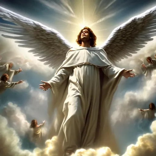 Prompt: cinematic image of Micheal the arc angel coming in the clouds with a host of mighty angels, at the resurrection. 