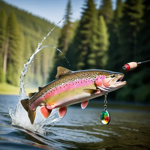 Prompt: photo of a rainbow trout jumping out of the water on a lake with a forest back ground with a lure in its mouth 