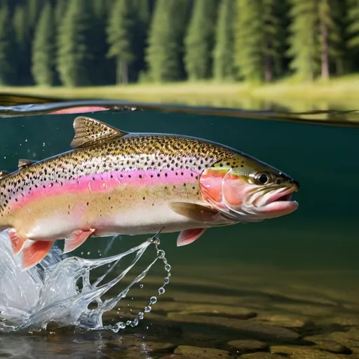 Prompt: photo of a rainbow trout jumping out of the water on a lake with a forest back ground with a lure in its mouth 