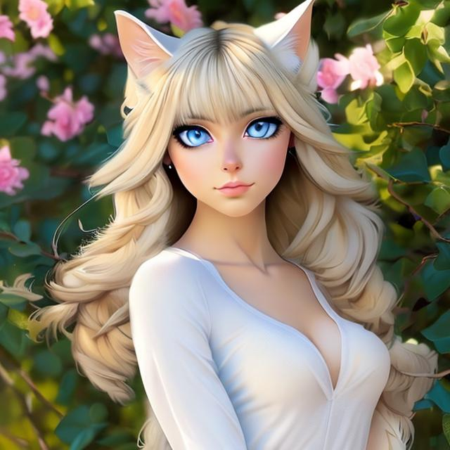 Prompt: gorgeous young female, blue eyed blonde who is half cat and half woman , attractive body , very pretty face, cat paws and tail