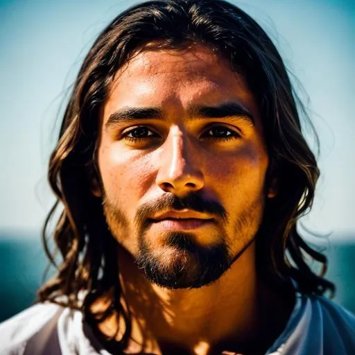 Prompt: inspirational image of Jesus face, head and shoulders, with an angel in the background
 